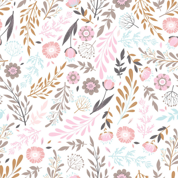 Seamless vector pattern with hand drawn colorful flowers, leaves and floral elements isolated on white background. Template for print, fabric, invitation, wallpaper, card, cover, brochure - Vector, imagen