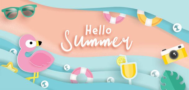Banner de verão com flamingo tropical e elementos de verão. - Vetor, Imagem
