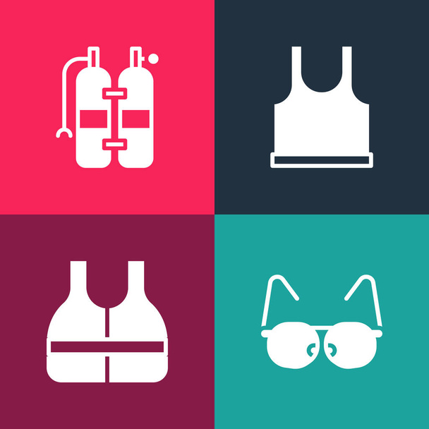 Set pop art Gafas, Chaleco salvavidas, Camiseta sin mangas e icono de Aqualung. Vector - Vector, Imagen