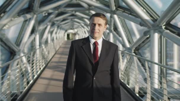 Medium slowmo portret van succesvolle blanke zakenman van middelbare leeftijd kijkend naar camera staande op glazen overdekte brug van hoogwaardig kantoorgebouw - Video