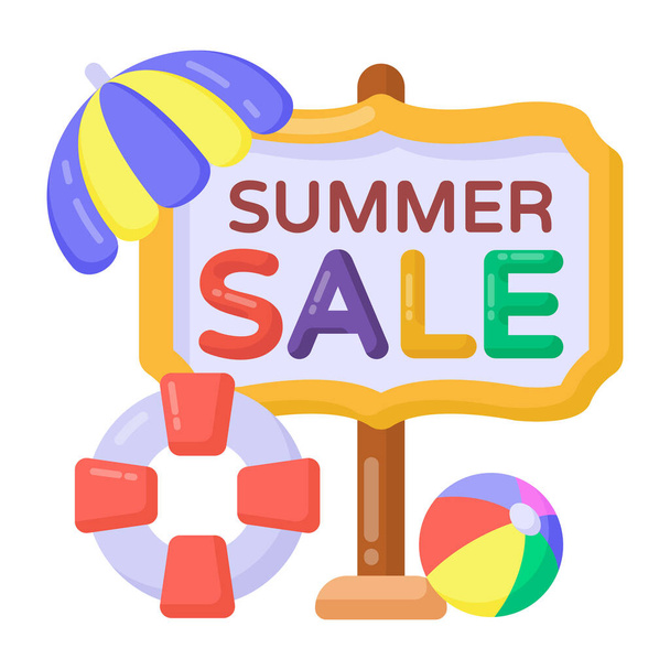 summer sale banner with beach and umbrella, vector illustration - Vector, Imagen