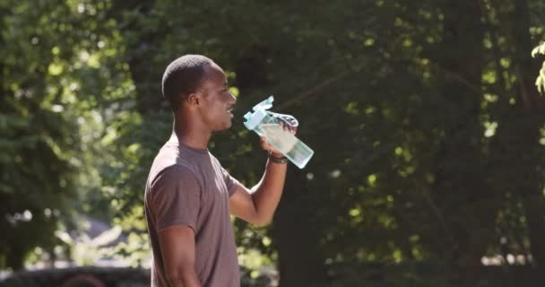Jonge zwarte atleet man nemen pauze in jog workout, drinkwater uit sportfles in groene zomer park, zijaanzicht - Video