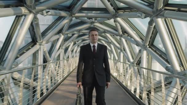 Retrato lento médio de empresário de meia-idade caucasiano bem sucedido caminhando em direção à câmera ao longo da ponte de vidro interior de prédio de escritórios de alta classe com bela vista para a cidade - Filmagem, Vídeo
