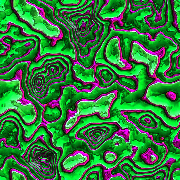 Luxe vert rose métal illustration 3D courbe psychédélique, forêt réfléchissante formes sans couture fond - Photo, image