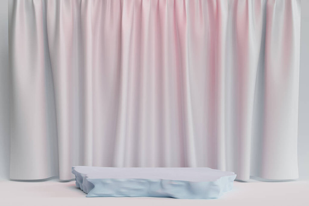 Stone podium or pedestal for products or advertising on pastel blue and pink background with curtains, minimal 3d illustration render - 写真・画像