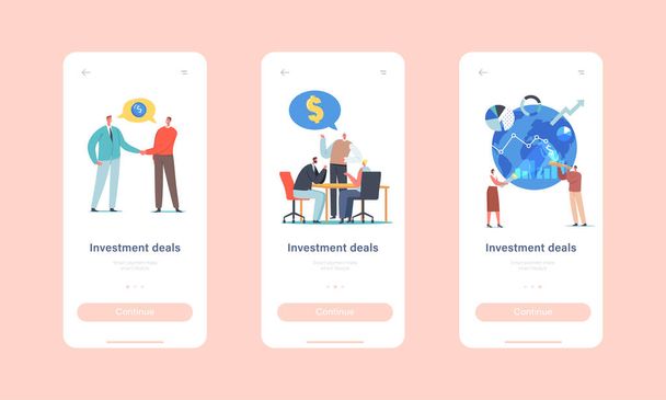 Investment Deals Mobile App Seite Onboard Screen Template. Unternehmer stehen für Partnerschaft und Zusammenarbeit - Vektor, Bild