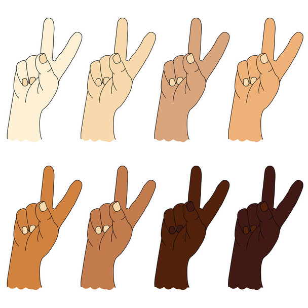 Collection de mains ethniques humaines avec différentes couleurs de peau. geste de la main - montre deux doigts. Le geste numéro deux ou geste V est victoire. Le dessin vectoriel. Isolé sur fond blanc - Vecteur, image
