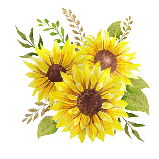 Watercolor sunflowers bouquet, hand painted sunflower bouquets, sunfower flower arrangement. Wedding invitation clipart elements. Watercolor floral. Botanical Drawing. White background. - Foto, imagen