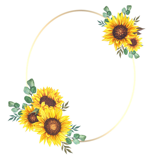 Florale Rahmen mit Sonnenblumen und Blättern. Aquarell Sonnenblumenrahmen. Weißer Hintergrund. Aquarell blumig. Botanische Zeichnung. - Foto, Bild