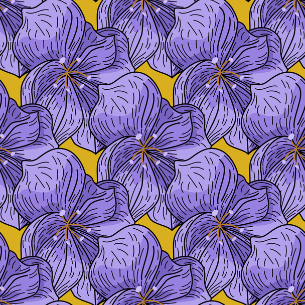 大きな紫色の蘭の花とシームレスなパターンをスクラップブックアウトライン花。オレンジの背景。シンプルなスタイル。包装紙や布のテクスチャのためのグラフィックデザイン。ベクターイラスト. - ベクター画像