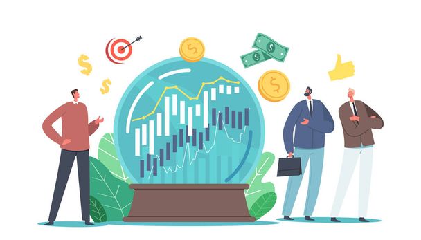 Prediction of Market Trends, Business Forecast. Tiny Business Characters at Huge Crystal Globe Trying to Predict Stock - Vector, Image