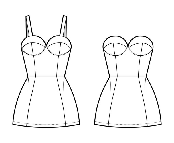 Набор платьев трубки техническая мода иллюстрация с бюстье, без рукавов облегающее тело, мини-длина рюши многоуровневые юбки - Вектор,изображение