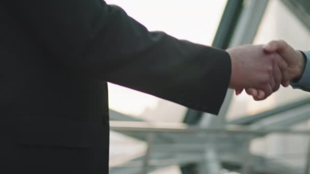 Lento primer plano de los socios comerciales irreconocibles masculinos y femeninos estrechando la mano después de hacer un trato exitoso - Metraje, vídeo