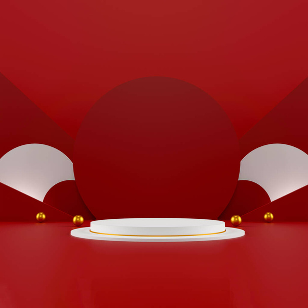 scena minimale con forme geometriche. display a podio rosso cilindro e palla d'oro o mockup per prodotto in colore rosso scuro sfondo. spazio per il testo. Illustrazione 3D - Foto, immagini