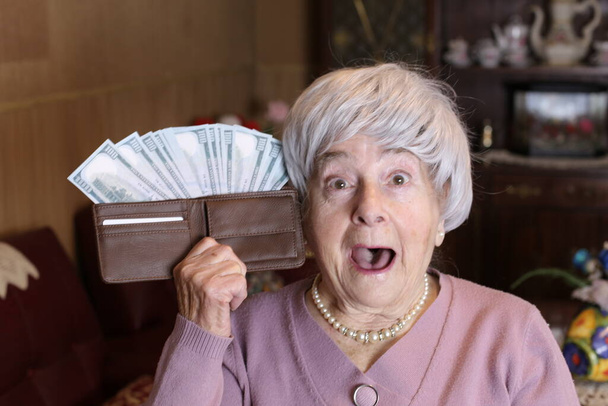 close-up portrait of mature woman holding wallet full of cash at home - Photo, image