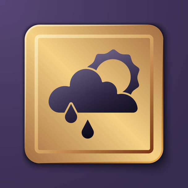 Purple Cloud with rain and sun icon isolated on purple background. Rain cloud precipitation with rain drops. Gold square button. Vector. - Vector, Image