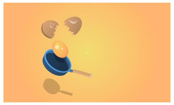 huevo partido y yema en una sartén, el concepto de cocinar huevos revueltos - Vector, imagen