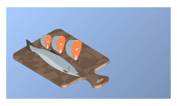 ilustração de peixe cru em uma tábua de corte com pedaços de filé - Vetor, Imagem