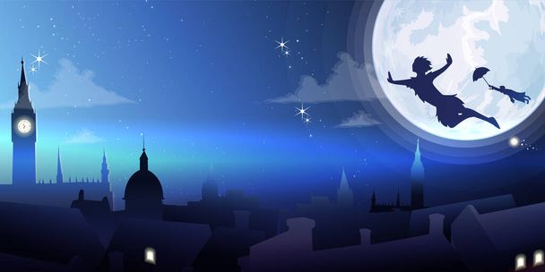 Sylwetka mały chłopiec latanie.Baner pełnia księżyca noc miasto tło wektor - Wektor, obraz