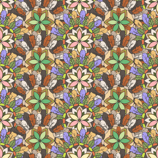 Seamless pattern of feathers leafs and flowers - Vector, imagen