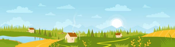 Letní široká panoramatická krajina s vektorovou ilustrací obcí a zemědělských polí. Cartoon farma krajina venkovní pohled s farmářskými domy na čerstvé zelené louky kopce - Vektor, obrázek