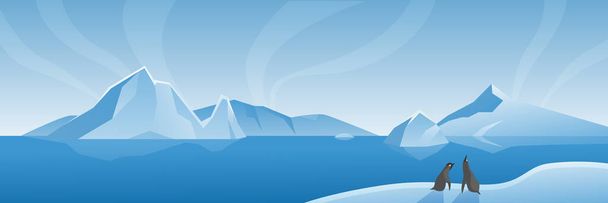 北極海の大パノラマ、氷山やペンギンと漫画海洋生物の自然シーン - ベクター画像