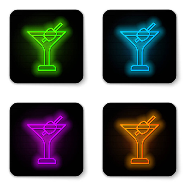 Ragyogó neon vonal Martini üveg ikon elszigetelt fehér alapon. Koktél ikon. Borosüveg ikon. Fekete négyzet gomb. Vektor - Vektor, kép