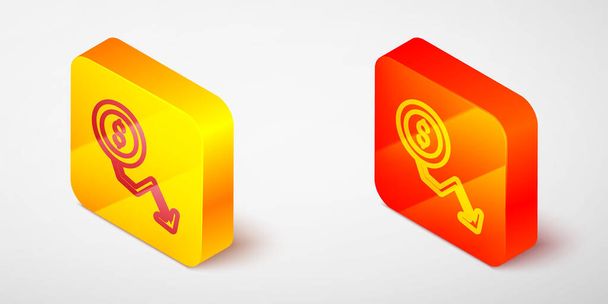 Isometric line Dollar rate decrease icon isolated on grey background. Cost reduction. Money symbol with down arrow. Business lost crisis decrease. Yellow and orange square button. Vector - Vector, Image