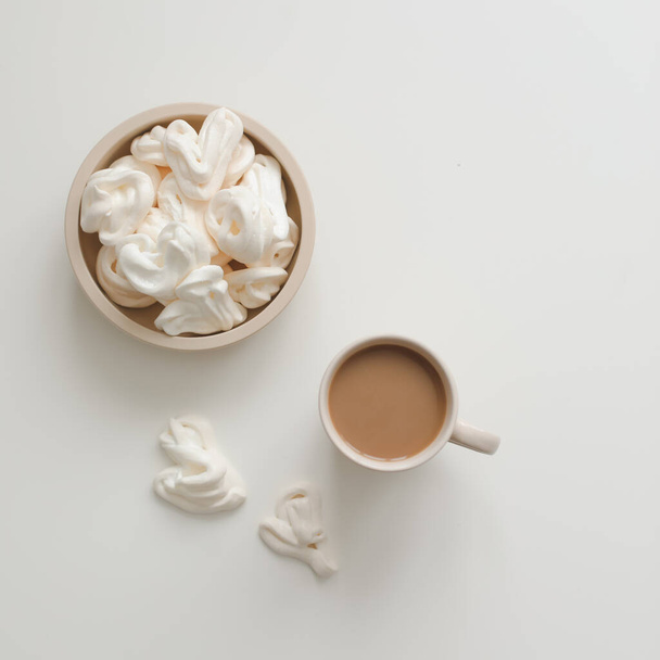 breakfast with a cup of coffee on a white table top view, flat lay - Foto, Imagem