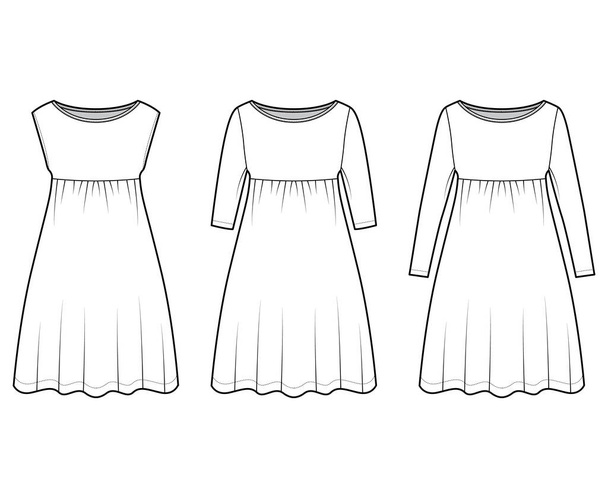 Conjunto de vestidos babydoll ilustración técnica de moda con mangas de codo largo, cuerpo de gran tamaño, longitud de rodilla falda de una línea - Vector, imagen