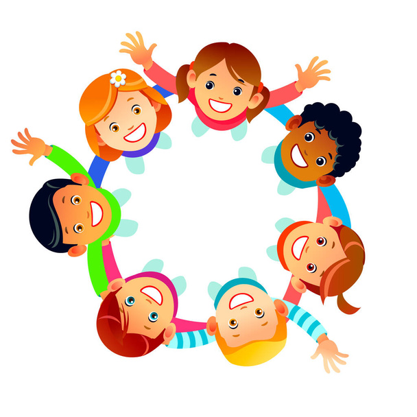 Ευτυχισμένη Ημέρα Φιλίας ευχετήρια κάρτα εικονογράφηση των διαφόρων ομάδων παιδιών κύκλο κρατώντας τα χέρια από την κορυφή γωνία προβολής. Φιλική ιδέα αγάπης για ειδική εκδήλωση εορτασμού. Εικονογράφηση φορέα κινουμένων σχεδίων. - Διάνυσμα, εικόνα