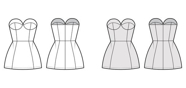 Tube jurk technische mode illustratie met bustier, mouwloos, strapless, gemonteerd lichaam, mini lengte rok kleding - Vector, afbeelding