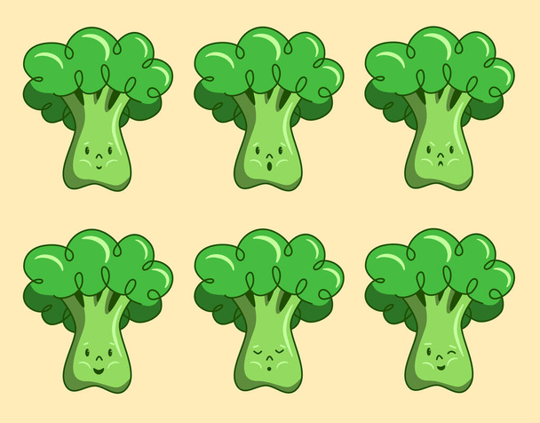Broccoli emotions collection, joy sadness anger, face character portrait humanized broccoli. Set of emotional green cabbage broccoli vector illustration - Vector, Image