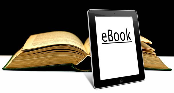 Tablet-PC με e-book μπροστά από ένα τυπωμένο βιβλίο, 3D εικονογράφηση - Φωτογραφία, εικόνα