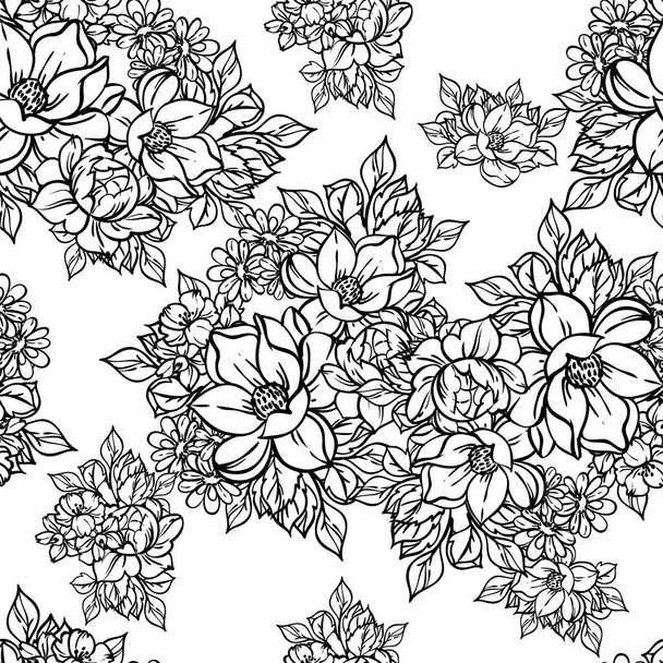 Abstract elegance seamless black and white background with flowers - Vetor, Imagem