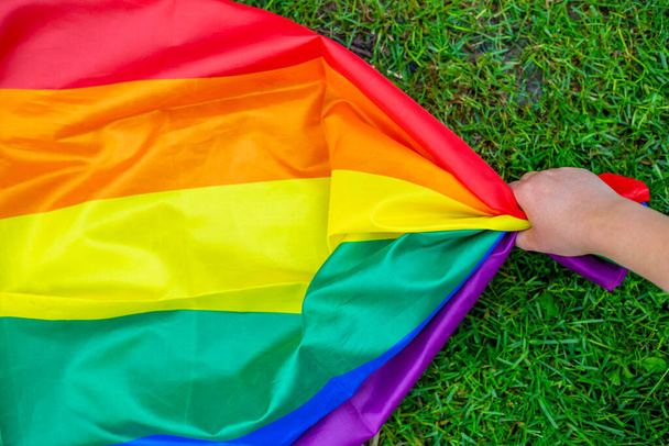 Group of people holding rainbow pride flag in a hands, gay and lesbian concept, LGBTQ - Фото, зображення