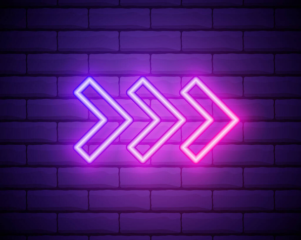 Neon arrow sign. Glowing neon arrow pointer on brick wall background. Retro signboard with bright neon tubes. Vector. - Vector, Image
