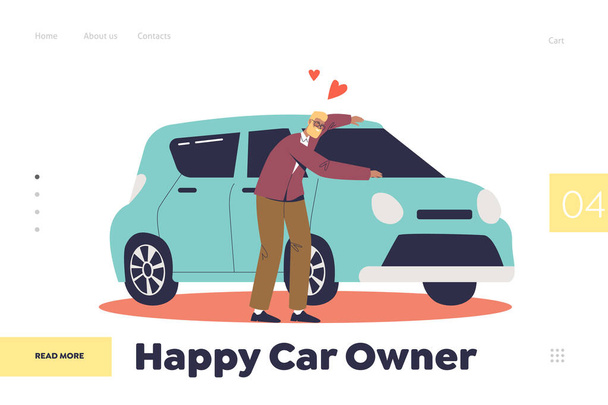 Happy car owner concept of landing page with man buying vehicle. Cheerful male hugging new auto - Vector, Image