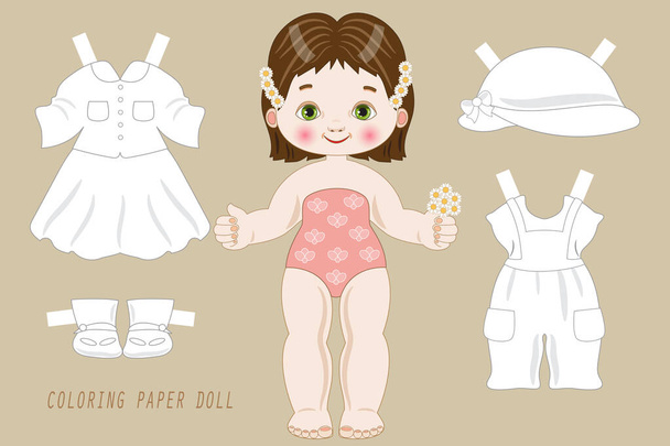 Lalka papierowa z kolorowanki ubrania do kolekcji lub do zabawy dla dziewcząt - Wektor, obraz