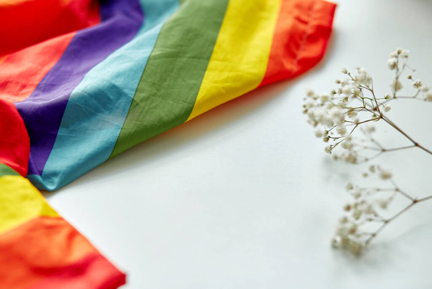 LGBTQ concept flag. Gender Equality, LGBTQIIA, Transgender, Gender-fluid concept. Gay pride concept. rainbow flag. Copy space with gypsophila - Photo, Image