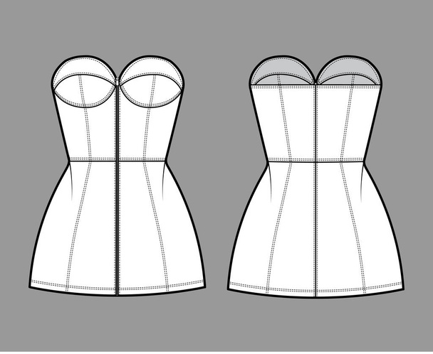 Tubo zip abito tecnico illustrazione di moda con bustier, senza spalline, corpo montato, minigonna lunghezza. Indumento piatto  - Vettoriali, immagini