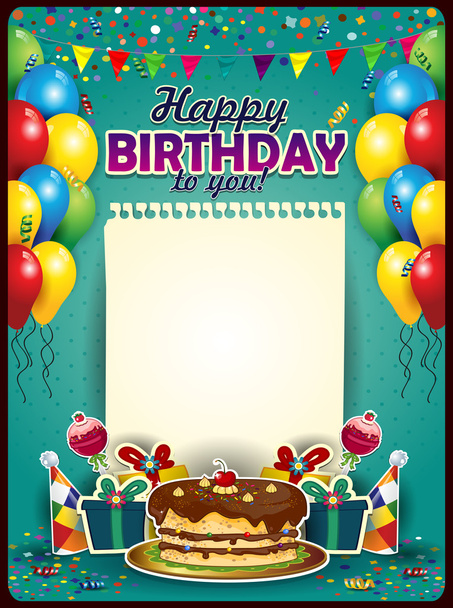 Feliz cumpleaños con una hoja de papel vertical
 - Vector, Imagen
