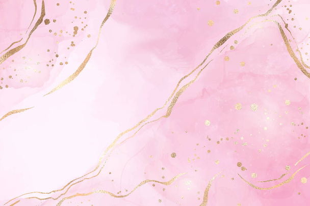 Fundo aquarela líquido rosa abstrato com manchas douradas e linhas. Pastel rosa efeito de desenho de tinta de álcool de mármore com folha de ouro. Modelo de design de ilustração vetorial para convite de casamento - Vetor, Imagem