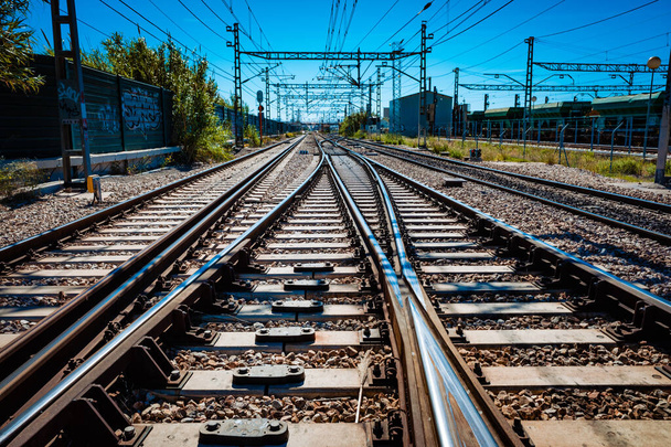 Valencia, Spain - April 16, 2021: Electrified multi-lane railroad near the Spanish city of Valencia. - Valokuva, kuva
