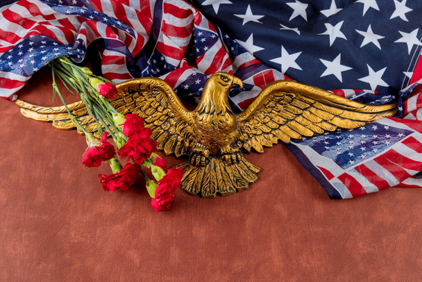 Herinnering roze anjer bloemen voor herdenkingsdag met Amerikaanse vlag in American Bald Eagle - Foto, afbeelding