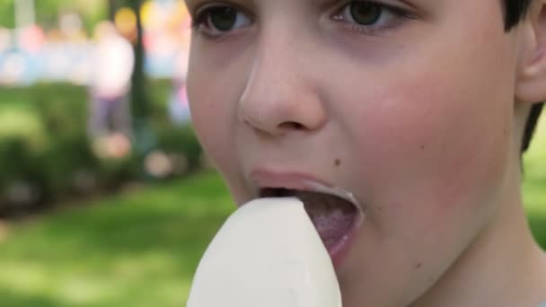 Een lachende jongen die ijs eet. De jongen likt ijs. Close-up van het gezicht. IJs. 4K - Video