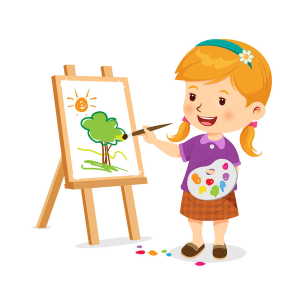 Το χαριτωμένο κοριτσάκι χαίρεται να κάνει τέχνη. Εικονογράφηση διανύσματος - Διάνυσμα, εικόνα