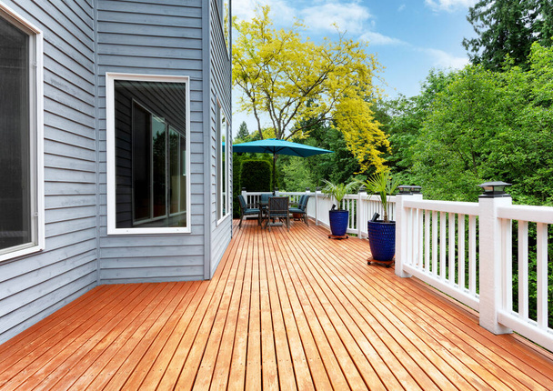 Home outdoor wooden cedar deck with patio furniture and decoration palm plants  - Photo, Image