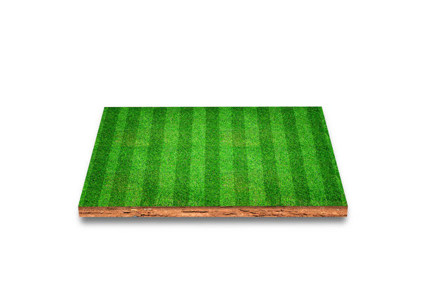 Suelo sección transversal cúbica con campo de fútbol, hierba verde, aislado sobre fondo blanco. Renderizado 3D. - Foto, imagen