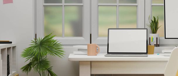 Laptop mit Bildschirm-Attrappe auf Computertisch neben dem Fenster im Home Office, 3D-Rendering, 3D-Illustration - Foto, Bild